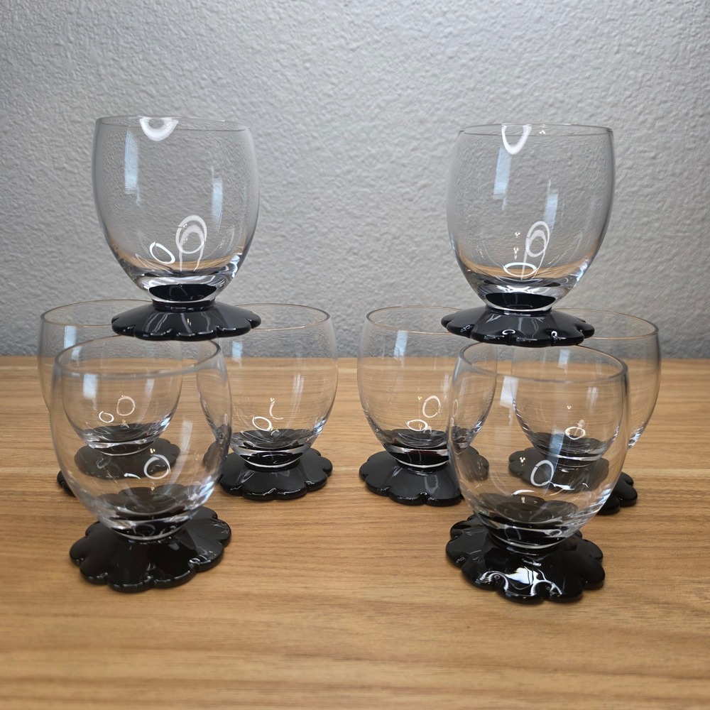 Vintage Weston 1930s Black Lily Pad Foot Art Deco Wine Glasses 3 1/8" Set Of 8